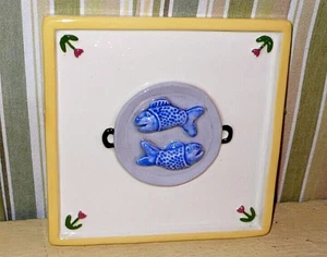 Pottery ART TILE ' TWO FISH in a PAN ' in raised relief & folk art TULIP FLOWERS - Picture 1 of 4