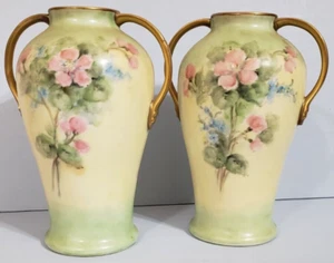 Vintage Handpainted Porcelain Vases Double Handled Floral Japan 8" Tall Set Of 2 - Picture 1 of 18