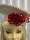 Vintage Large Straw Beret With Red White Polka Dot Bow