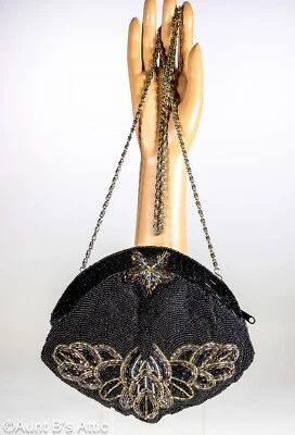 Vintage 80's Speyer Milor Black Beaded Art Deco Style Evening Bag/Purse W/ Chain - Image 1 of 4