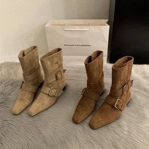 Winter Retro French Short Boots Women's Chunky Heeled Square Toe Western Boots - Picture 1 of 23