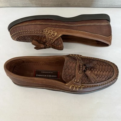 Johnston & Murphy Brown Woven Leather Slip On Loafers Men 12 M Tassel Casual - Image 1 of 4