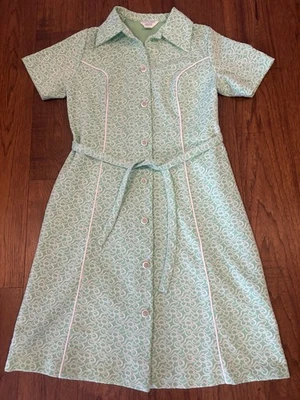 VTG 60s Sears L Green Swirls Mod Belted Dress House Coat Cottagecore Granny Chic - Image 1 of 4