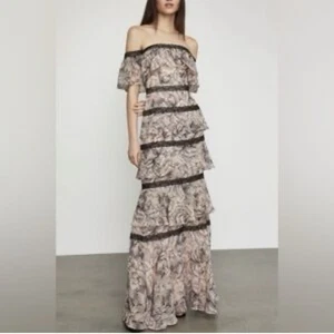 BCBG MaxAzria schwarz weiß Lagenlook Stufen Blumen Rüschen Kleid mit Knochen Spitze Gr. 2 - Bild 1 von 17