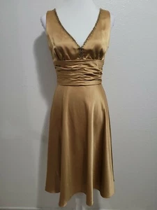 DONNA MORGAN Women's Dress Satin Gold A-Line Sleeveless V-Neck Zipp Back.Size 6 - Picture 1 of 12