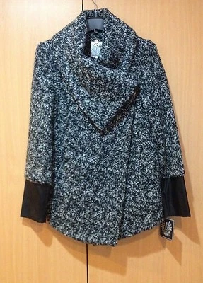 Chaqueta Abrigo Dawn Levy Cuello Sobre Mezcla Lana Boucle Tweed y Cuero *XS Foto 1 de 4