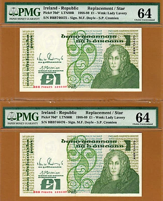 Ireland 2 Consecutive Serial One Pound Replacement (BBB) Pick-70d Ch UNC PMG 64  - Image 1 of 2
