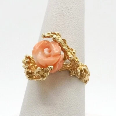 14k Gold Angel Skin Coral Carved Rose Flower Bypass Ring Brutalist sz6 - Image 1 of 4