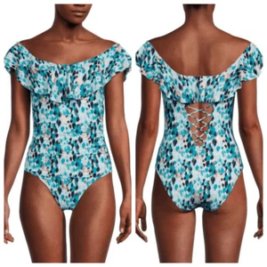 La Blanca Seaglass Shores Off Shoulder Ruffle One Piece Swimsuit Women 6 Blue #A - Picture 1 of 12