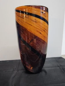 Shimmering Bronze Brown Black Tiger Eye Tortoise Swirl 10" Blown Glass Vase - Picture 1 of 12