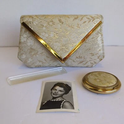 Vtg MCM Gold Brocade Clutch w/ Matching Compact Floral Cocktail Wallet Comb  - Image 1 of 4