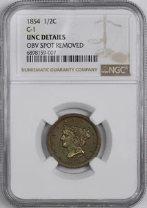 1854 Braided Hair Copper One Cent C-1 Variety 1/2C - NGC UNC Details - - Picture 1 of 2