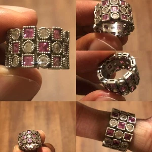 Authentic .925 Sterling Silver 3 layer ring with real pink and clear gemstones - Picture 1 of 24