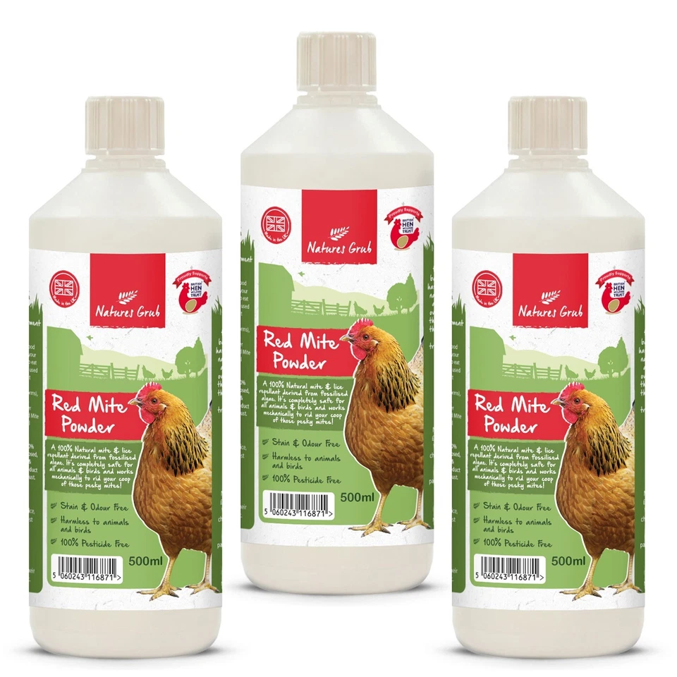 3x Red Mite Powder Puffer Bottle 500ml, Diatomaceous Earth, Natures Grub Chicken
