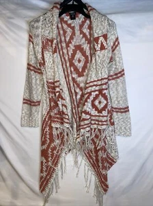 Torrid Aztec Fringed Open Cardigan Womens Cream Rust Boho Knit OS One Size - Picture 1 of 22