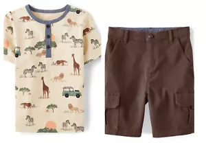 Gymboree Boys 12 Safari Animals Tee Brown Cargo Shorts Set NWT 2023 Savanna - Picture 1 of 4