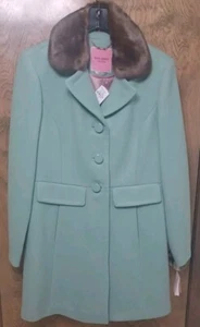 Kate Spade Wool Blend Mint Green with Faux Fur Collar Long Sleeve Winter Coat - Picture 1 of 20