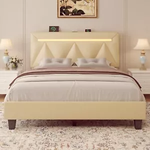 Faux Leather Full Queen Size Upholstered Bed Frame with Adjustable Headboard - Picture 1 of 10