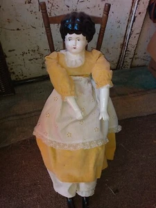 YELLOW DRESS APRON BLACK HAIR PORCELAIN CLOTH DOLL IN ROCKING CHAIR - Picture 1 of 5