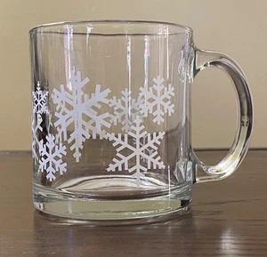 Crate & Barrel Clear Glass White Snowflake Winter Holidays Coffee Tea Mug 12 oz - Picture 1 of 12