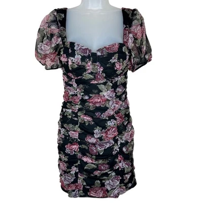 Mini Vestido IRIS Floral Negro Escote Corazón Acanalado Manga Abullonada M Fairycore Foto 1 de 4