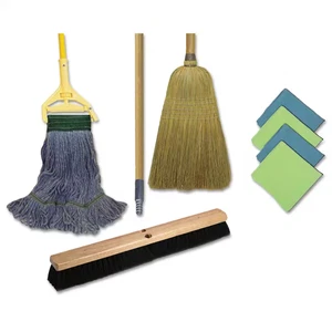 Cleaning Kit, 1 Mop, 2 Handles, 1 Push Broom, 1 Maids Broom, 4 Microfiber Wipes, - Picture 1 of 1