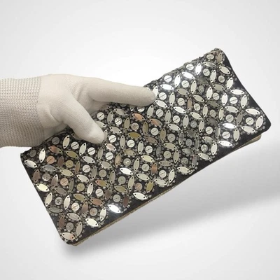 Beaded Sequin Embellished Evening Clutch Pouch Soft Leather Lining Black Silver - Image 1 of 4