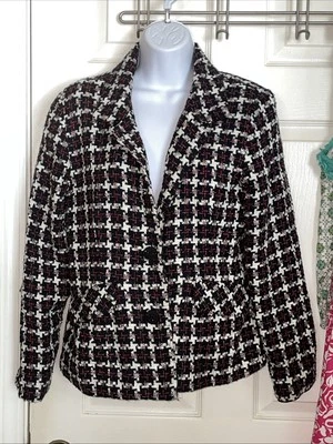 Blazer DressBarn Para Mujer 10 Negro Blanco Rojo Mezcla Acrílico Forrado Carrera Preppy Foto 1 de 4
