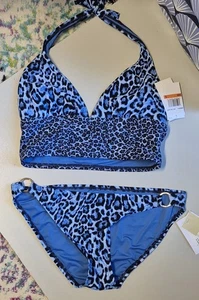 Nwt Michael Kors Size Small Bikini 2 Piece Swimsuit Blue Cheetah Animal Print - Picture 1 of 13