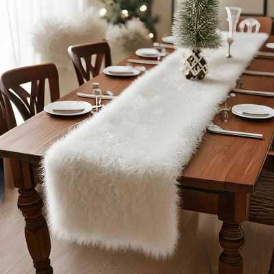 Faux Fur Table Runner,Table Runner for Soft Luxury Winter Decor Xmas White De... - Image 1 of 4