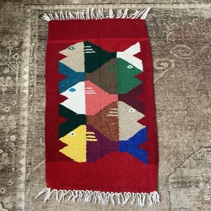 Vintage Mexican Handwoven Wool Fish Tapestry MCM Wall Hanging w/ Fringe - Picture 1 of 17
