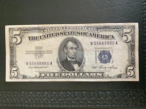 62686 Banknote Rare 1953 $5 Dollar bill Silver/blue Gr. Fancy Lucky# B55668880A - Picture 1 of 3