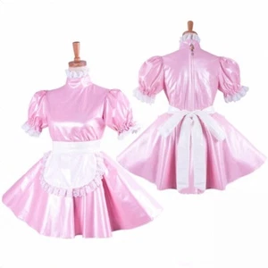 Mädchen Sissy Sexy Dienstmädchen Abschließbar Rosa PVC Kleid Cosplay Kostüme Maßgeschneidert - Bild 1 von 4