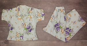 VTG Women's 40s 2 Pc Blue Floral Rayon Pajamas Set XS/S 1940s Top & Pants PJs - Picture 1 of 20