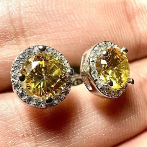 Citrine Earrings Sterling Silver 925 White Topaz Created Stud Earrings For Women - Picture 1 of 11