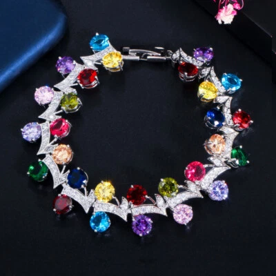 Pulsera grande de boda de circón cúbico redondo multicolor enchapado en plata para mujer Foto 1 de 4