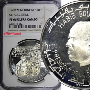 Tunisia Silver 1969 FM NI 1 Dinar St. Augustine NGC PF66 ULTRA CAMEO KM#296 (12) - Picture 1 of 4