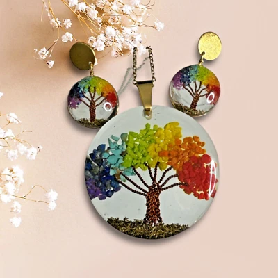 Набор ювелирных изделий из смолы | ожерелье и серьги с деревом жизни | ручная работа в Колумбии - Изображение 1 из 4