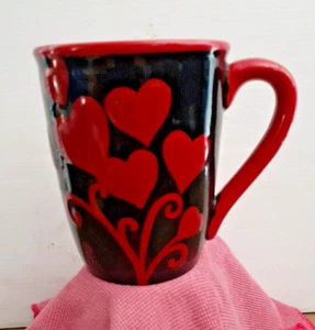 Black and Red Ceramic Valentine Coffee Mug Cup Raised Relief Hearts - Picture 1 of 5