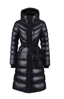  Abrigo largo de plumón negro Mackage Coralia con capucha y faja cinturón mediano nuevo con etiquetas Foto 1 de 4