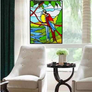Tiffany Style Stained Glass Love Birds McCaw Window Panel Suncatcher - Picture 1 of 3