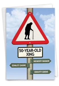 50th Milestone Blank Birthday Greeting Card w/Envelope - 50 Year Old Crossing - Picture 1 of 6