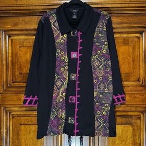 Ali Miles Jacket Womens 1X Cotton Knit Mixed Media Button Front Boho Artsy Tunic - Picture 1 of 13
