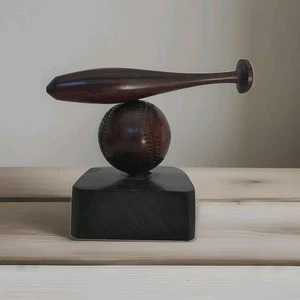 Vtg Ironwood Hand Carved Baseball w/Bat On Stand Trophy Gift 3 Pcs. Home Decor - Picture 1 of 8