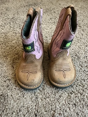 John Deere Johnny Popper Leather Western Boots Girls Pink Brown Infants Size 5 - Image 1 of 4