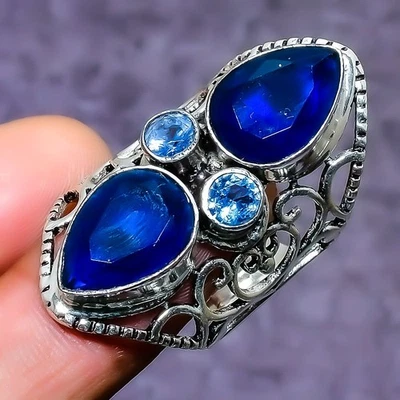 Anillo de plata de ley 925 hecho a mano con piedras preciosas de topacio azul de Londres talla 7 g258 Foto 1 de 3