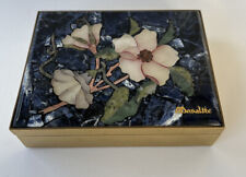 Vintage Mosalite Jewelry Keepsake Box with Brass and Suede Leather Blue Floral