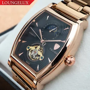 Mens Rose Gold Moon Sun Automatic Mechanical Watch Stainless Steel 24HR Dial - Picture 1 of 12