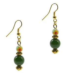 Dangle Beaded Fashion Hook Earrings Italian Millefiori Green Jade Antiqued Gold - Picture 1 of 4
