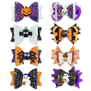 8 pcs Halloween Glitter Pumpkin Spider Ghost Hair Clips Sequin Bow for Women ... - Picture 1 of 7